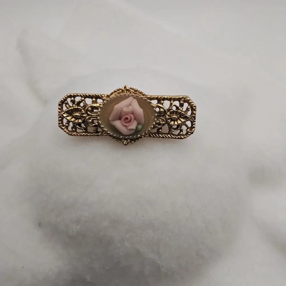 Victorian Porcelain Floral Brooch and Pin Set | Hand Painted Rose Cameo Set |